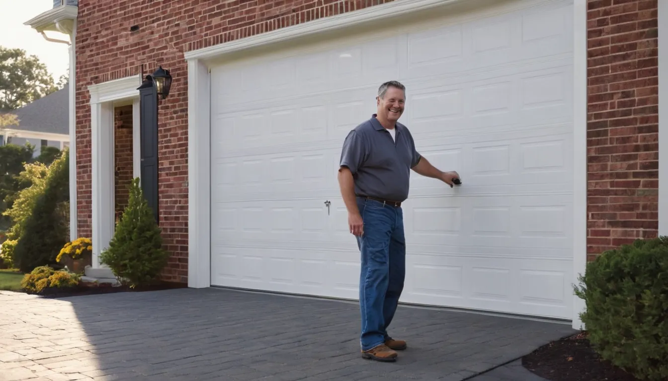 A friendly local provider checking a newly installed garage door at a colonial home in Gaithersburg